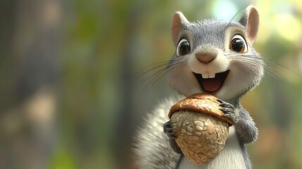 Obraz premium Happy squirrel eating acorn in forest, nature background; kids book illustration