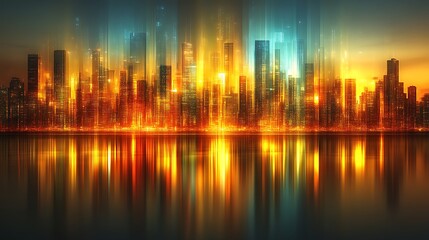 Fototapeta premium Golden City Skyline Reflecting On Calm Water