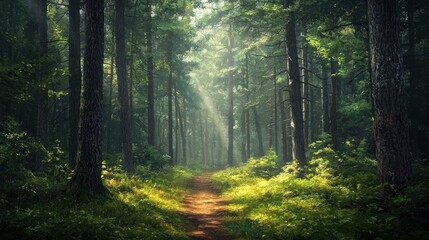 Fototapeta premium Sunbeams in a Mystical Forest Path