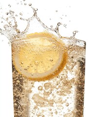 Lemon slice splashing in fizzy drink, ice, white background. Use Refreshing beverage advertisement