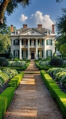 Obraz premium Classic colonial house facade with pathway garden