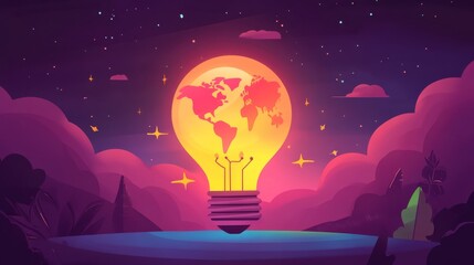 72.A creative flat design template showcasing an illuminated lightbulb fading into darkness, revealing the world map inside, with cheerful cartoon elements and time-to-turn-off reminders.