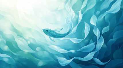 Blue fish swimming in a sea of turquoise algae, illustration