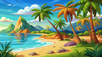 Beautiful tropical beach at exotic island with palm trees