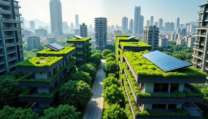Modern eco friendly urban buildings with green roofs, solar panels. City skyline in background. Sustainable architecture design with nature integration. Green spaces between high rise buildings.