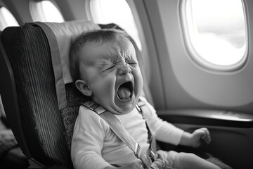 monochrome retro photo crying naughty baby at the window of the airplane while traveling by plane