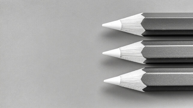 Three graphite pencils with white tips creating a minimalist composition on gray background with copy space