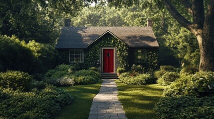 A cozy house with a red door, a garden, and a well-kept pathway leading up to it