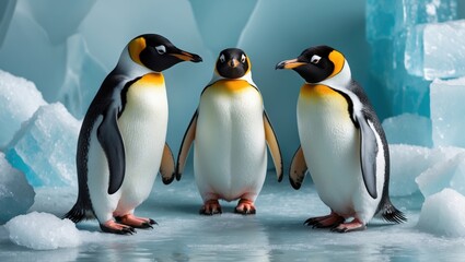 Fototapeta premium Three penguins stand together on icy terrain, showcasing their striking black and white plumage against a cool, icy backdrop.