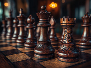 Intricate Chess Pieces on Wooden Board