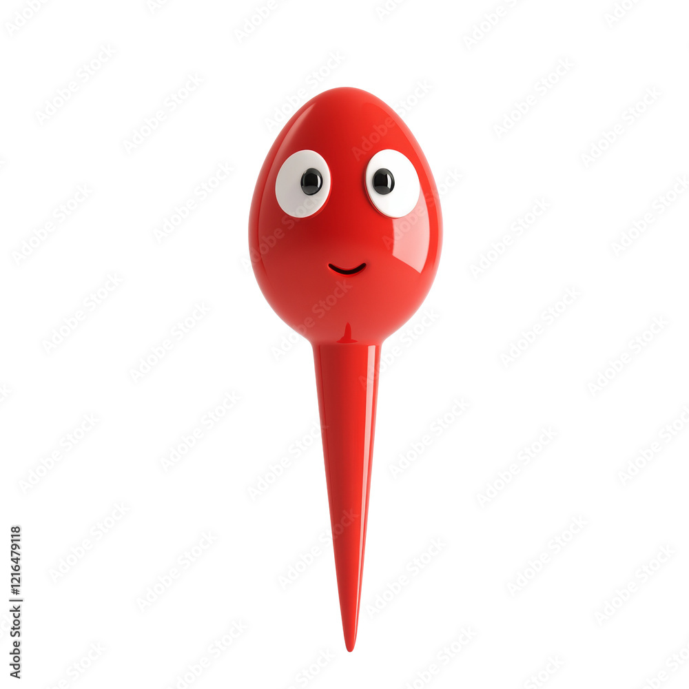 Poster a cheerful red cartoon character with large eyes and a smile, depicted in a 3d render.
