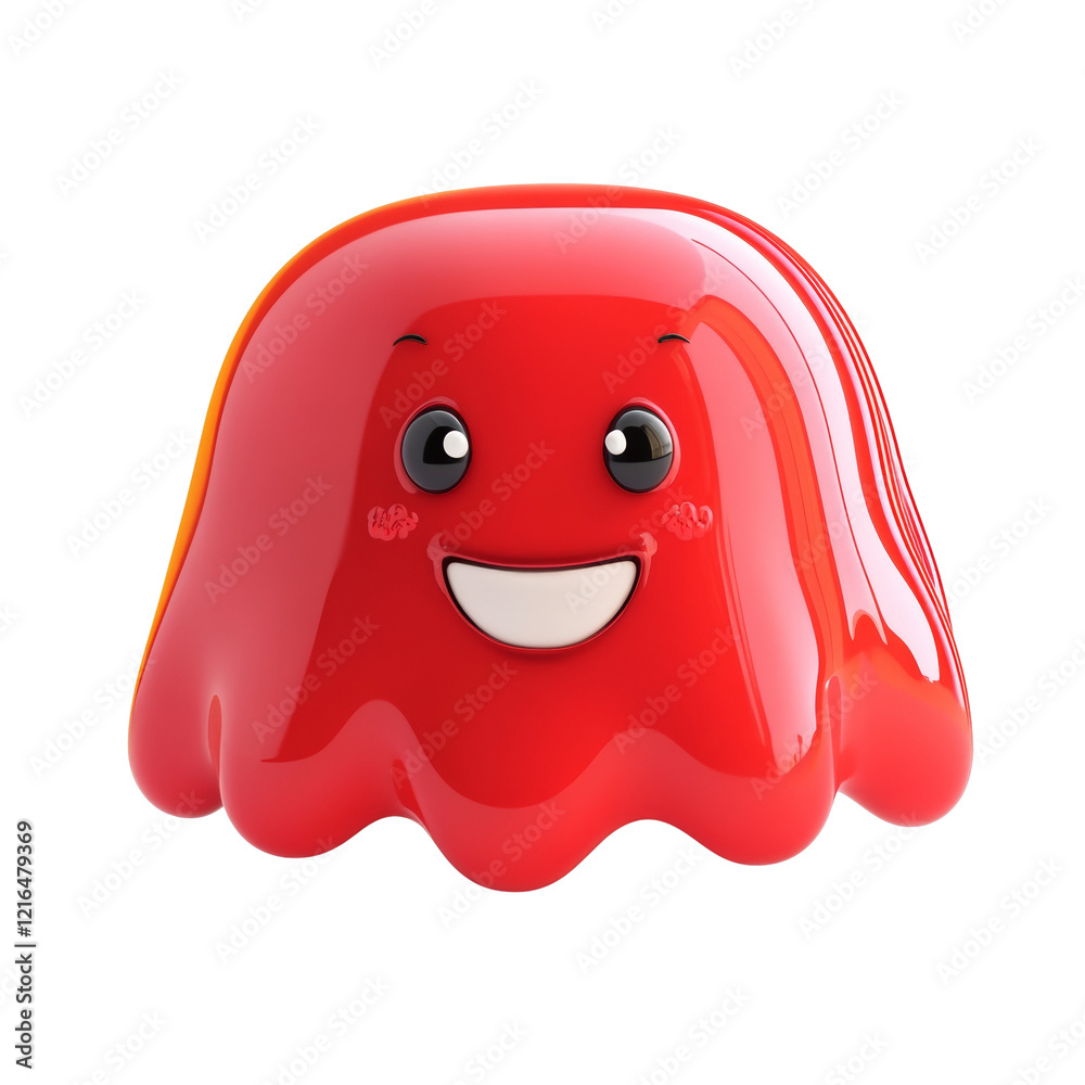 Poster a happy red jelly blob with a cartoonish face smiles against a black background.