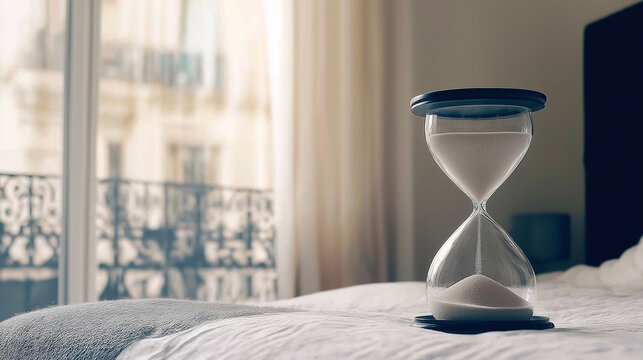 Hourglass measuring time on bed in paris apartment with copy space