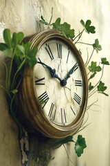 Fototapeta premium Old clock showing passing of time with plants growing around it