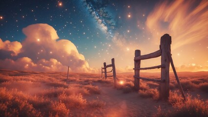 Fototapeta premium A serene landscape featuring a wooden fence under a vibrant sky filled with stars and colorful clouds at sunset.
