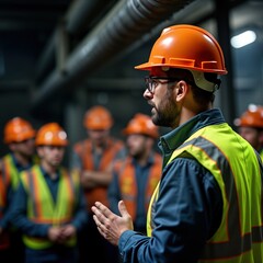 Safety representative leads safety talk for miners in dark underground mine. Group listens attentively. Hard hats visible. Industrial setting. Safety briefing. Underground work environment. Teamwork.