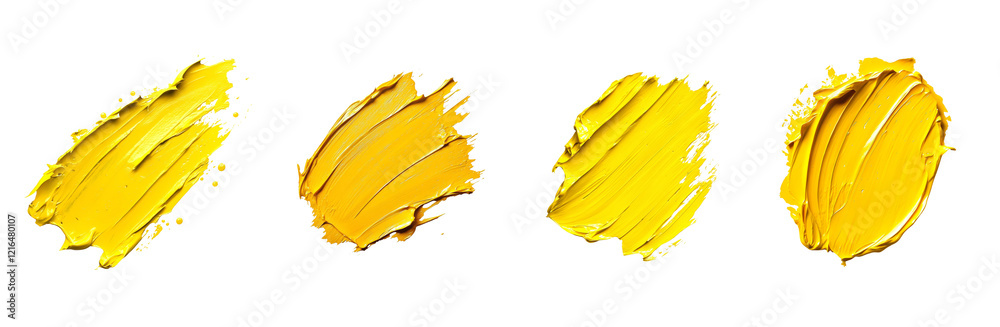 Poster four dynamic yellow paint strokes are displayed against a stark black background, showcasing their t