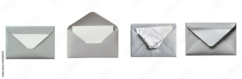 Poster an image showcasing four grey envelopes in different states open and closed with various contents or