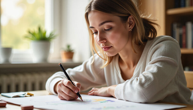 Focused young woman sketching indoors, creative expression