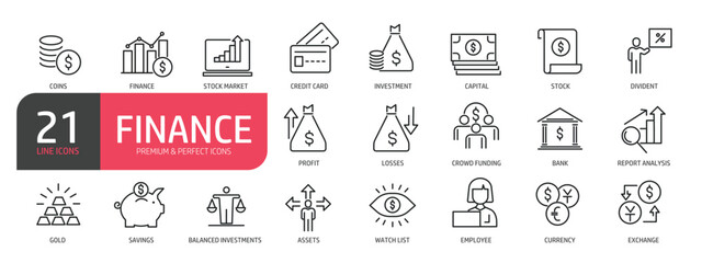 Set of line icons related to finance, bank, investment, currency, assets. Outline icons collection. Editable stroke. Vector illustration.