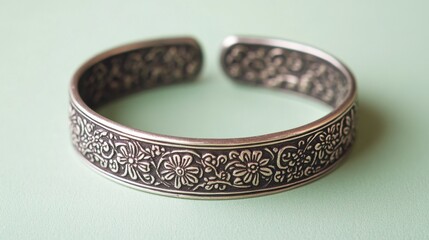 A silver bracelet with intricate carvings lying flat on a pale green background.