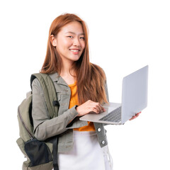 Portrait of a beautiful young Asian woman studying  with laptop computer and notebook isolated on a...