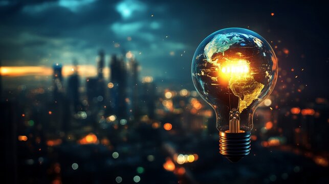 78.A modern graphic of a darkened skyline with a glowing lightbulb in the foreground, containing the Earth and bold text advocating turning off lights for 60 minutes to protect the planet.