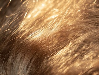 Close-up of soft, golden fur, highlighting the fine texture and warm, natural tones. 