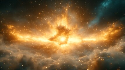 Fototapeta premium Celestial Golden Explosion Amidst Dark Clouds and Stars