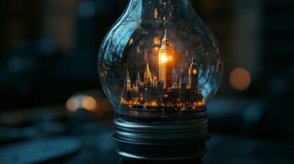 38.A close-up 3D rendering of a clear light bulb with a miniature skyline of London, including iconic landmarks, glowing faintly inside, sitting atop an unplugged electric lamp.
