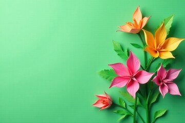 Obraz premium Delicate origami flowers on green paper background, petals, leaf, flower