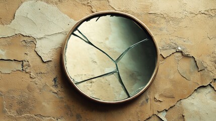 Cracked circular mirror placed on a textured brown background, with reflections adding depth.