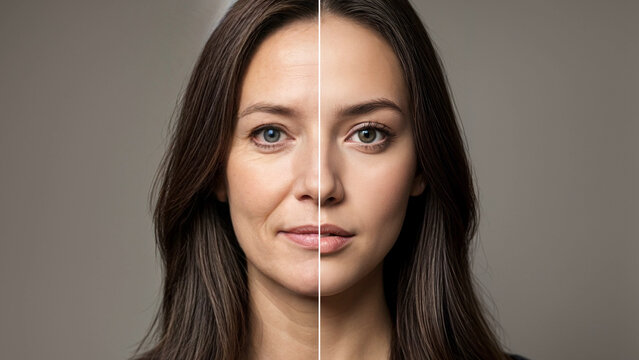 Age comparison concept. Same face portrait young and aged. Face split of an old and young women for olding revealing. Comparing mother and daughter. 