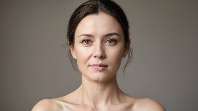 Age comparison concept. Same face portrait young and aged. Face split of an old and young women for olding revealing. Comparing mother and daughter. 