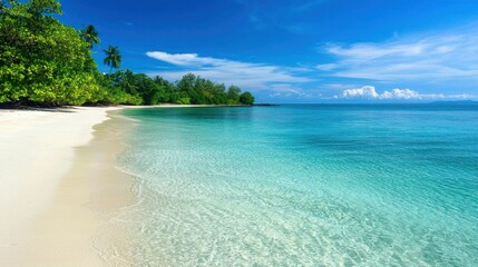 Fototapeta premium Idyllic Tropical Beach Paradise: Azure Waters, White Sand, Lush Greenery