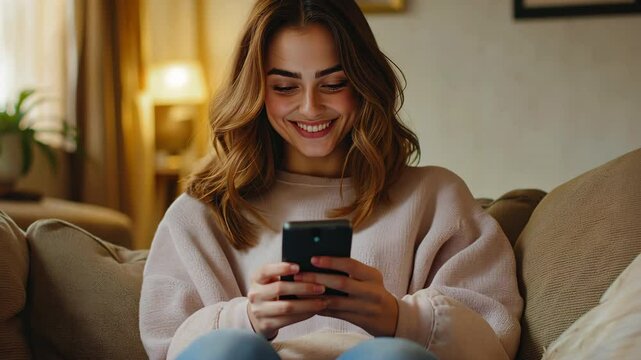 A contented teenage girl at home with a smartphone, surfing social media. A smiling young woman is lounging on the sofa, shopping online, and ordering delivery.