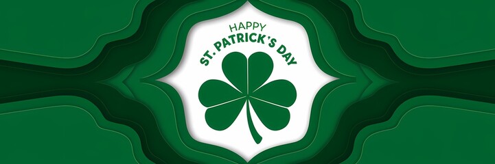 A creative minimalist Saint Patrick's Day poster design with a paper cut-out theme. There is a large shamrock in the center, with the text "Happy St. Patrick's Day" arched above it. 