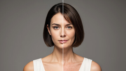 Same face portrait young and aged. Face split of an old and young women for olding revealing. Comparing mother and daughter. 