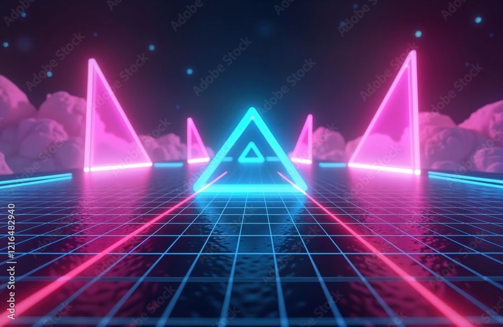 Poster neon lights create futuristic scene. bright triangles, lines glow in blue, pink. dark grid pattern b