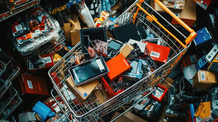 Overflowing shopping carts with various products in a crowded retail environment, showcasing holiday shopping frenzy and Black Friday chaos..