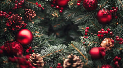 Close-up of Christmas pine branches decorated with red and golden ornaments, offering copy space for holiday text or branding..