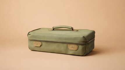 Durable fabric suitcase in olive green, set on a neutral tan background.