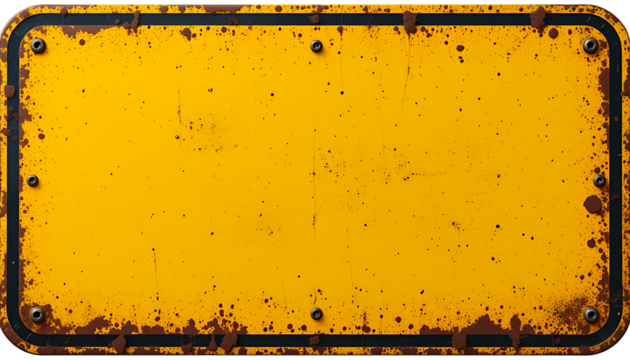 Weathered Yellow Sign with Rust and Mounting Holes on White or Transparent BG
