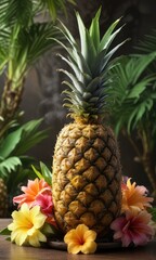 Obraz premium A pineapple bowl filled with a steam infused tiki cocktail and garnished with tropical flowers, garnish, minimalist, sophisticated