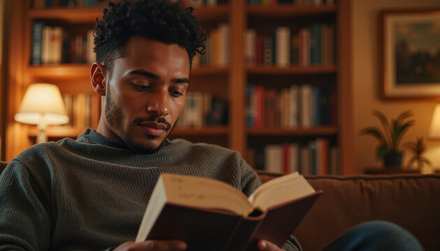 Thoughtful male reader enjoying a book in cozy study room, relaxation