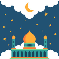 Editable Night Mosque Vector Background with Stars – Islamic Ramadan Theme For Ramadhan Poster, Flyer, Banner, Greeting Card, Postcard