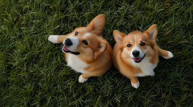 view from above of two welsh corgi dogs laying on green lawn,generative,ai
