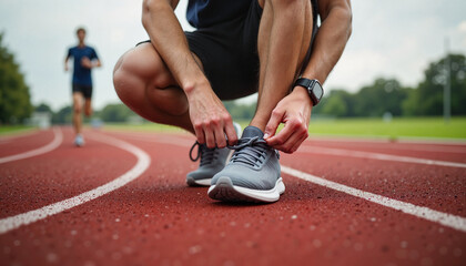 Crouching athlete tying shoelaces on running track, preparation for fitness