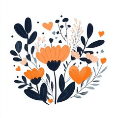 Cosmos flowers illustration in round frame with hearts on white background, colorful floral print, simple flat design