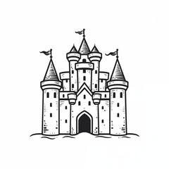 Obraz premium An ancient castle with towers and three flags, front view, badge, black and white sketch highlighted on a white background, picture, image for printing on a T-shirt, background, without people